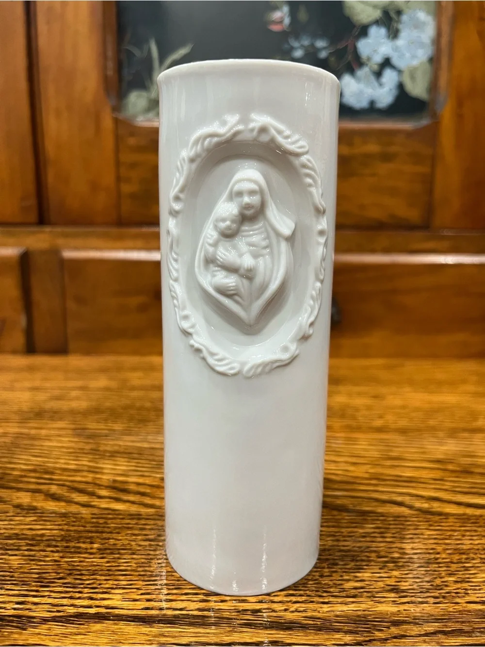White Ceramic Madonna & Child Vase | Religious Home Decor | Embossed Floral